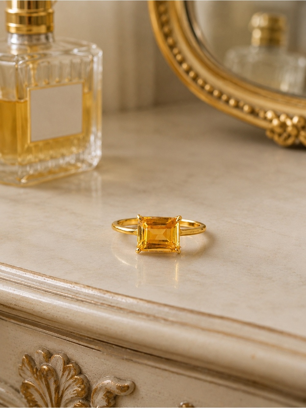 Gold Citrine Emerald-Cut Ring - Women Jewelry